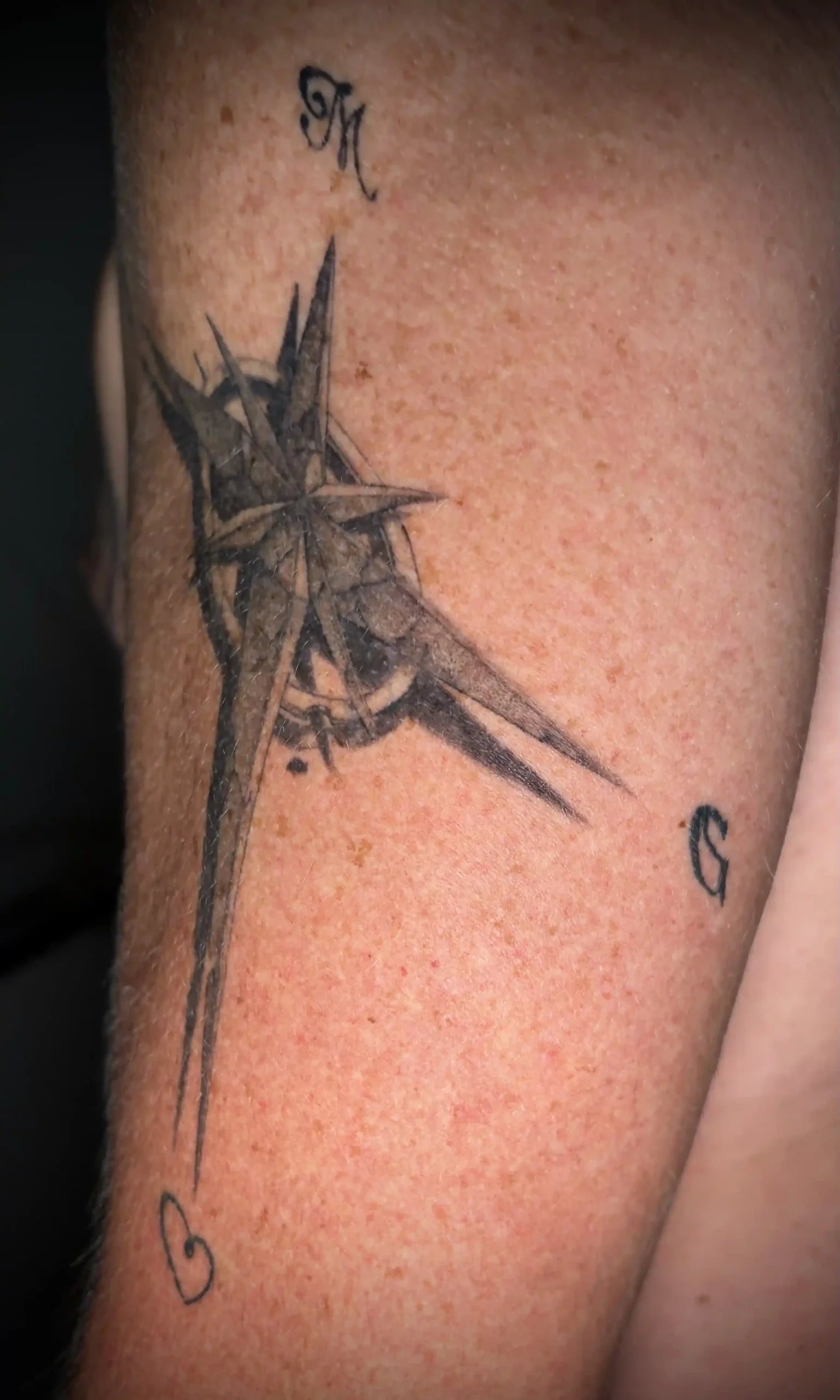 Tatouage cicatrisé rose des vents tatouée par la griffe.