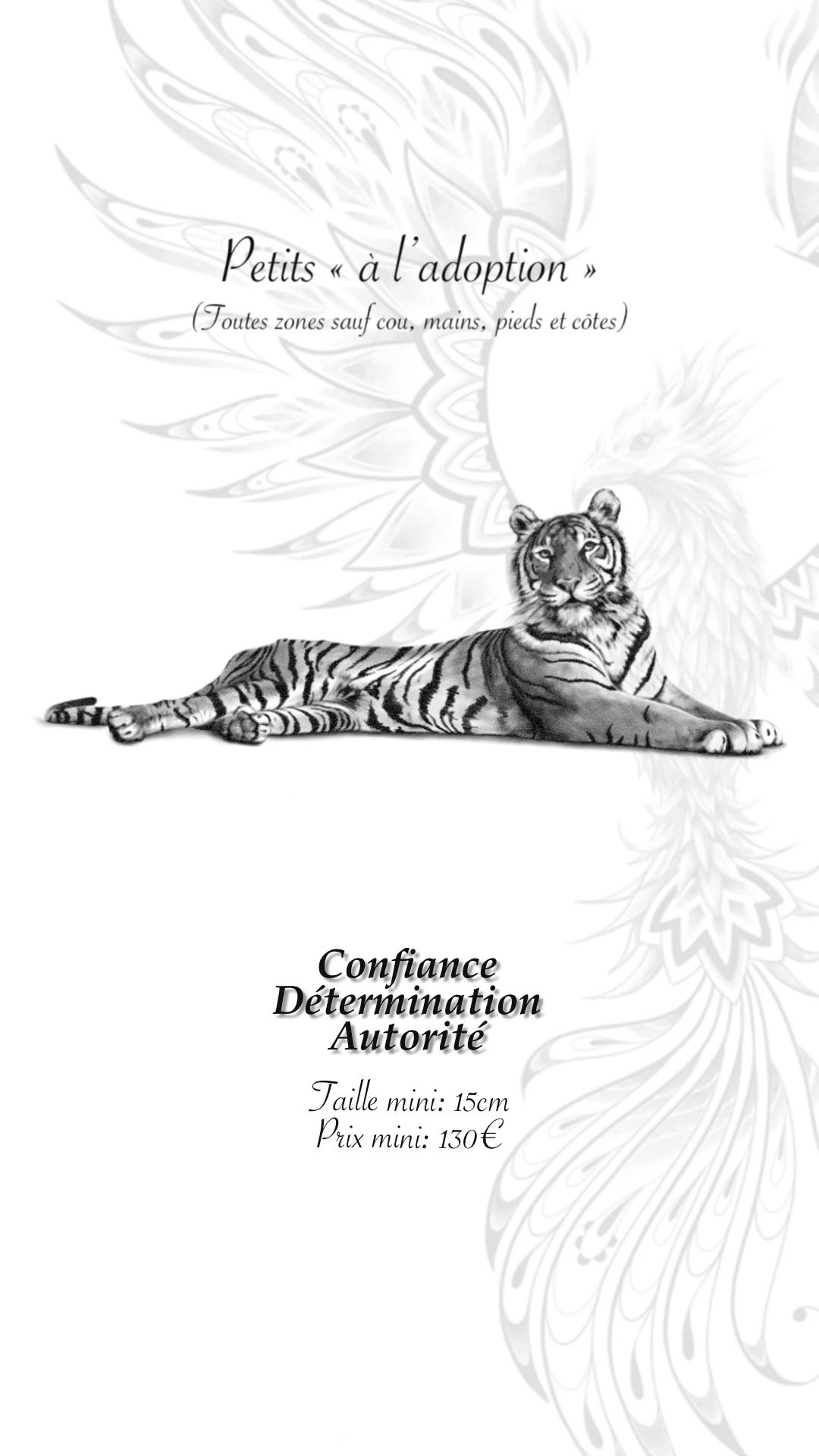 Flash tatouage tigre allongé réaliste noir et gris à adopter au studio La Griffe